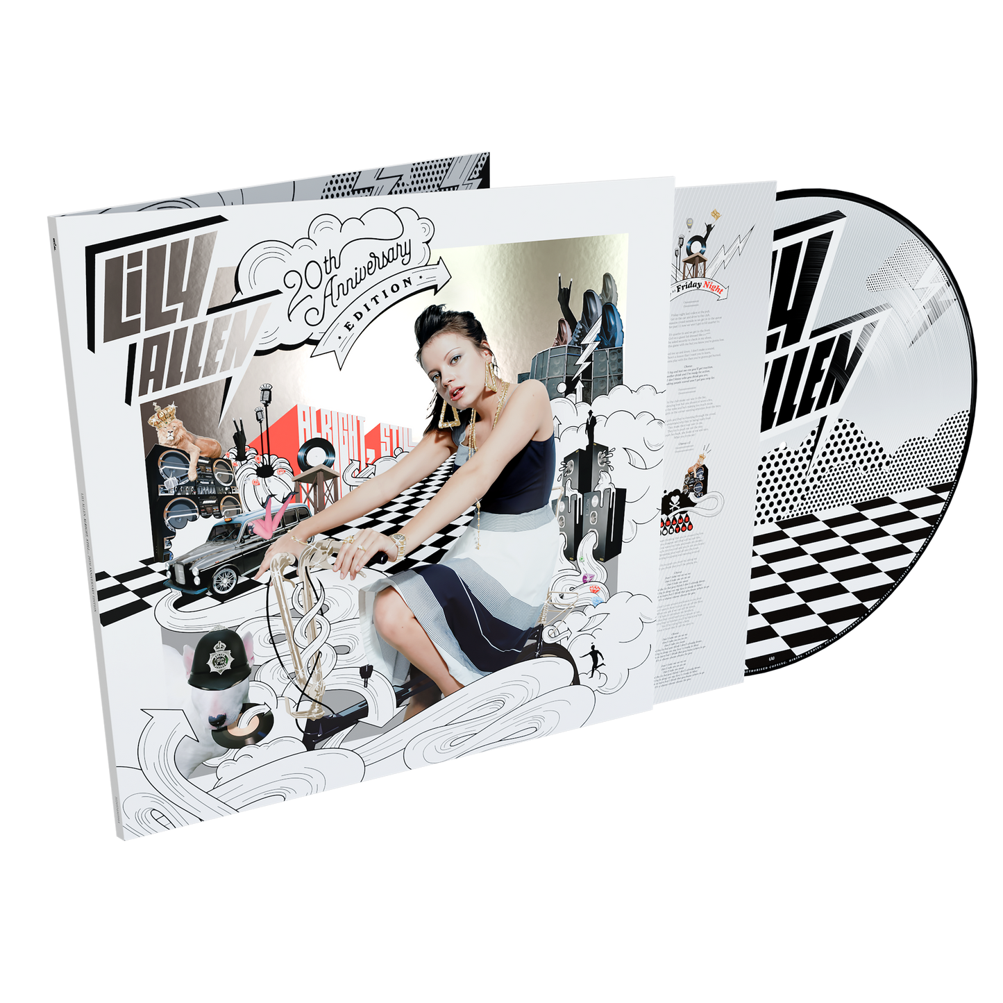 Lilly Talli 20th Anniversary Edition vinyl record album with its illustrated outer sleeve and a partially visible black-and-white record on a plain white background.