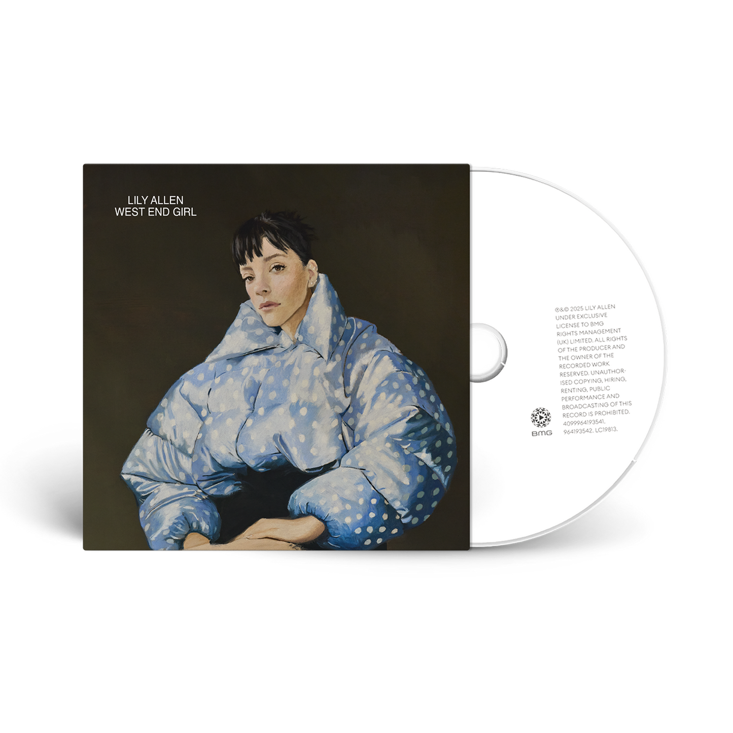 Vinyl album cover with a person wearing a blue puffer jacket, featuring the text 'Lily Allen West End Girl'.