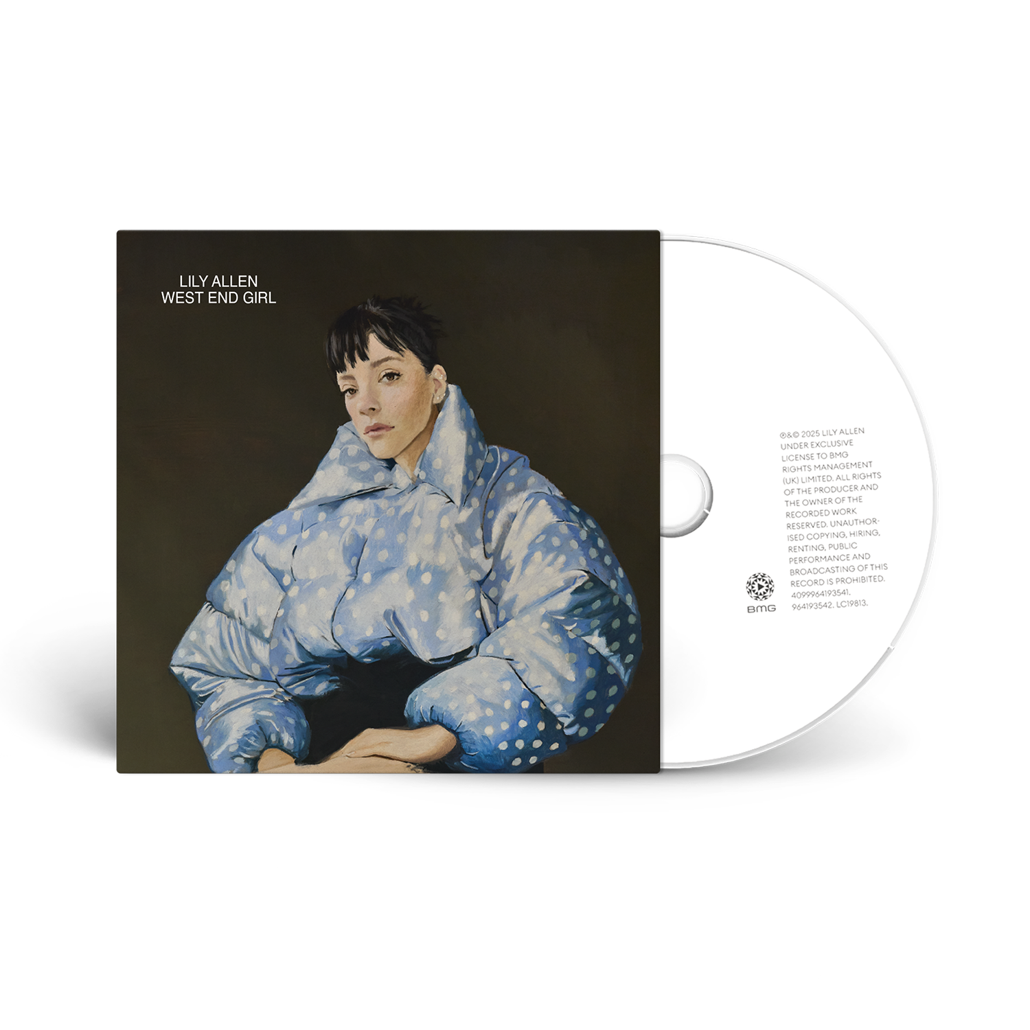 Vinyl album cover with a person wearing a blue puffer jacket, featuring the text 'Lily Allen West End Girl'.