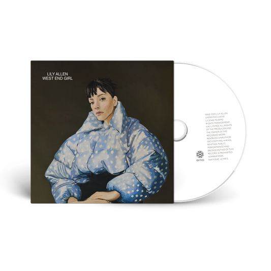 Vinyl album cover with a person wearing a blue puffer jacket, featuring the text 'Lily Allen West End Girl'.