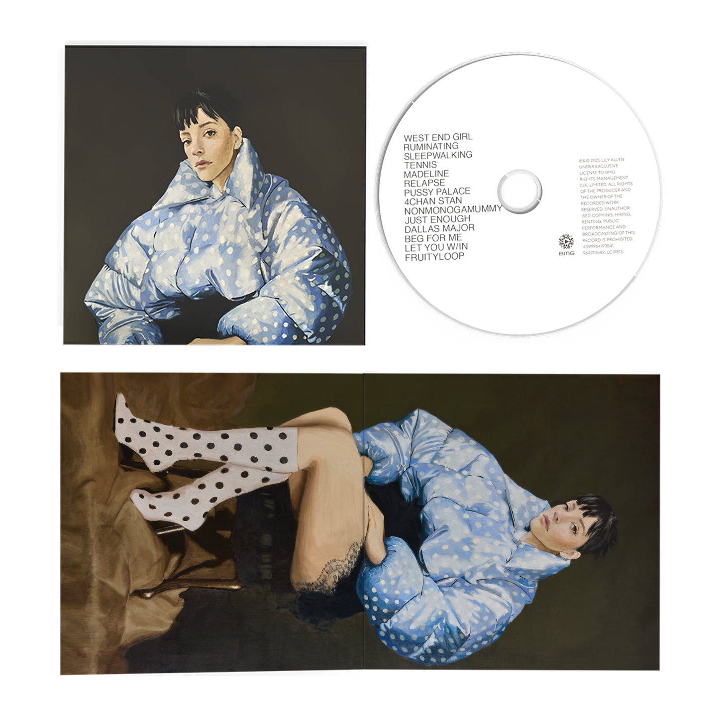 Vinyl record with a person wearing a blue polka dot outfit and a CD on a white background.