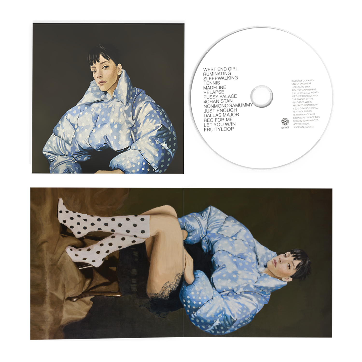 Vinyl record with a person wearing a blue polka dot outfit and a CD on a white background.
