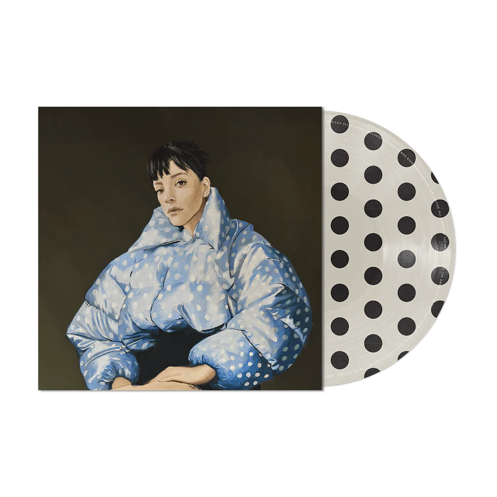 Vinyl record with a polka dot design on the cover featuring an illustration of a person wearing a blue patterned outfit.